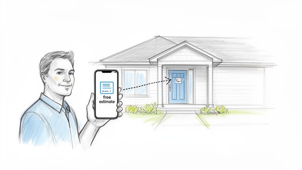 A man uses a mobile app to get a free estimate for a house, digitally connecting to the front door.