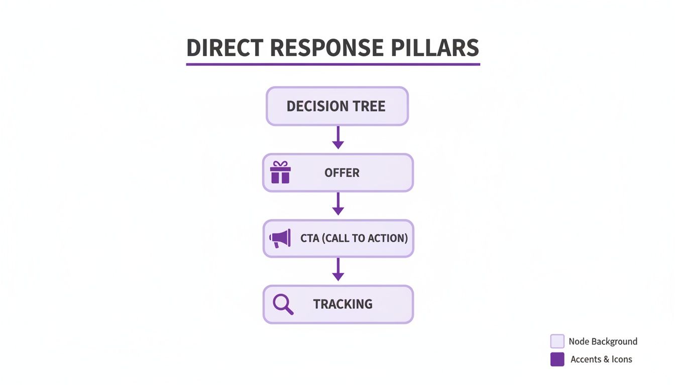 Flowchart outlining the four direct response pillars: decision tree, offer, call to action, and tracking.