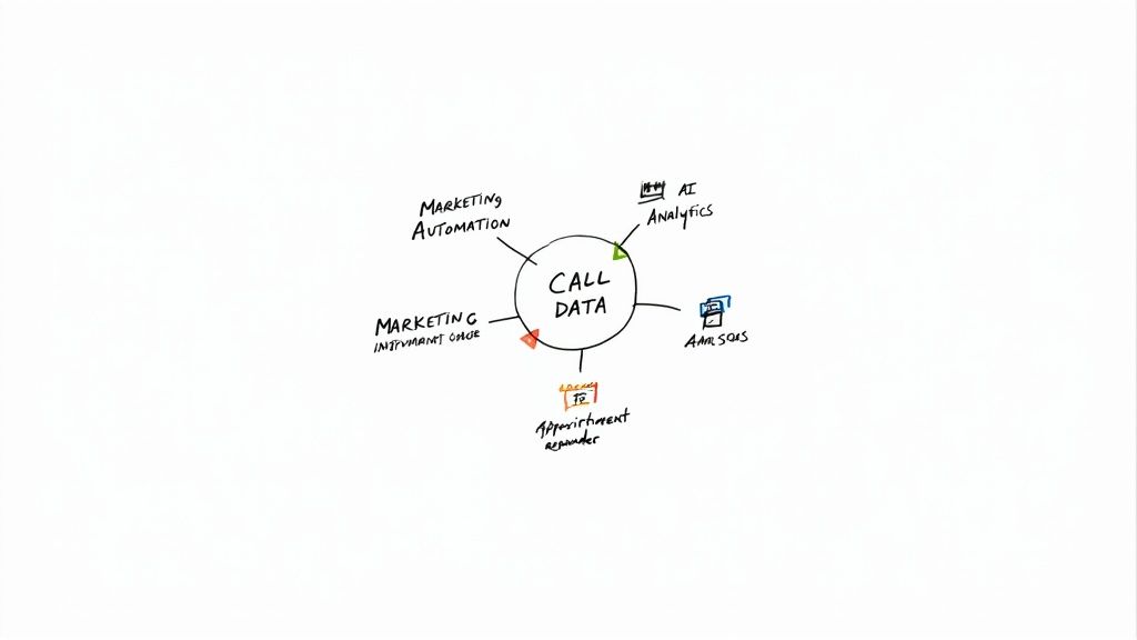 A diagram showing call data central to marketing automation, lead generation, appointment reminders, and analytics.
