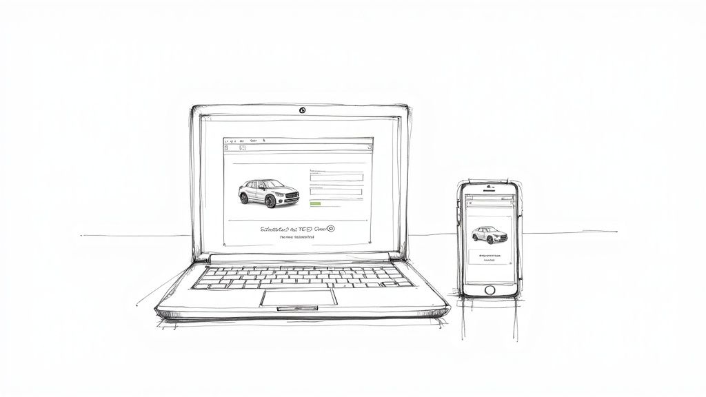 A car dealership employee filming a video of a car on the lot.