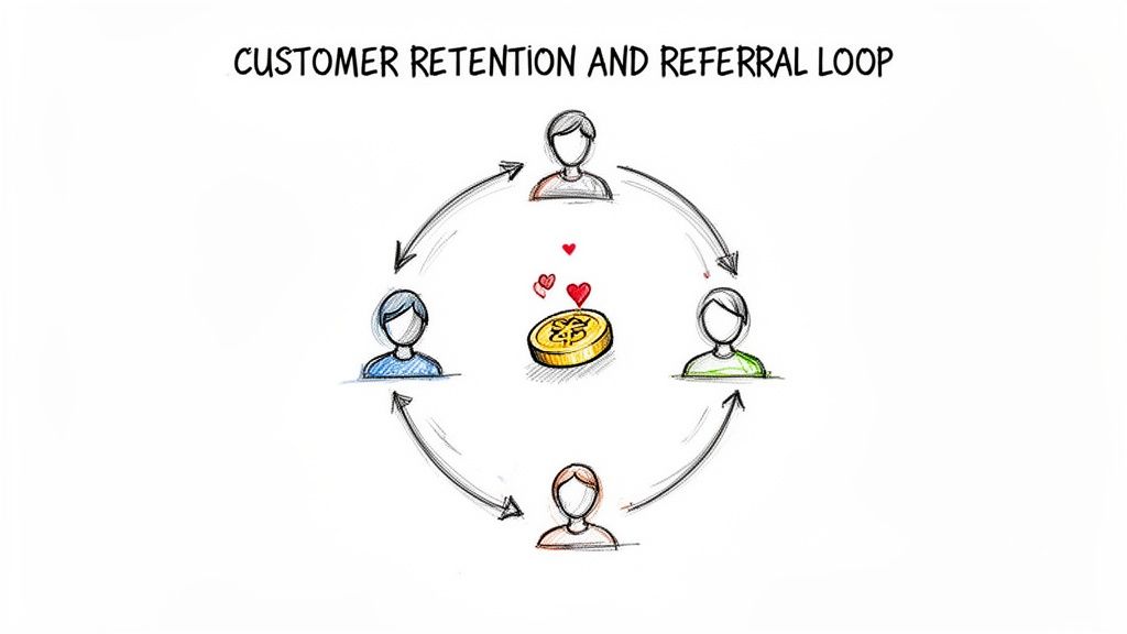 Diagram of a customer retention and referral loop with four figures, connecting arrows, and a central reward coin with hearts.
