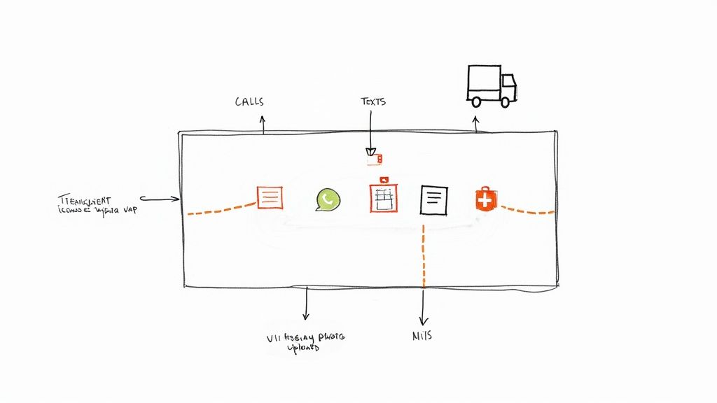Diagram showing lead management software integrating calls, texts, delivery tracking, and client communication tools