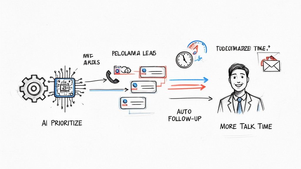 Diagram showing AI prioritizing leads, automating follow-up, and increasing sales representative talk time.