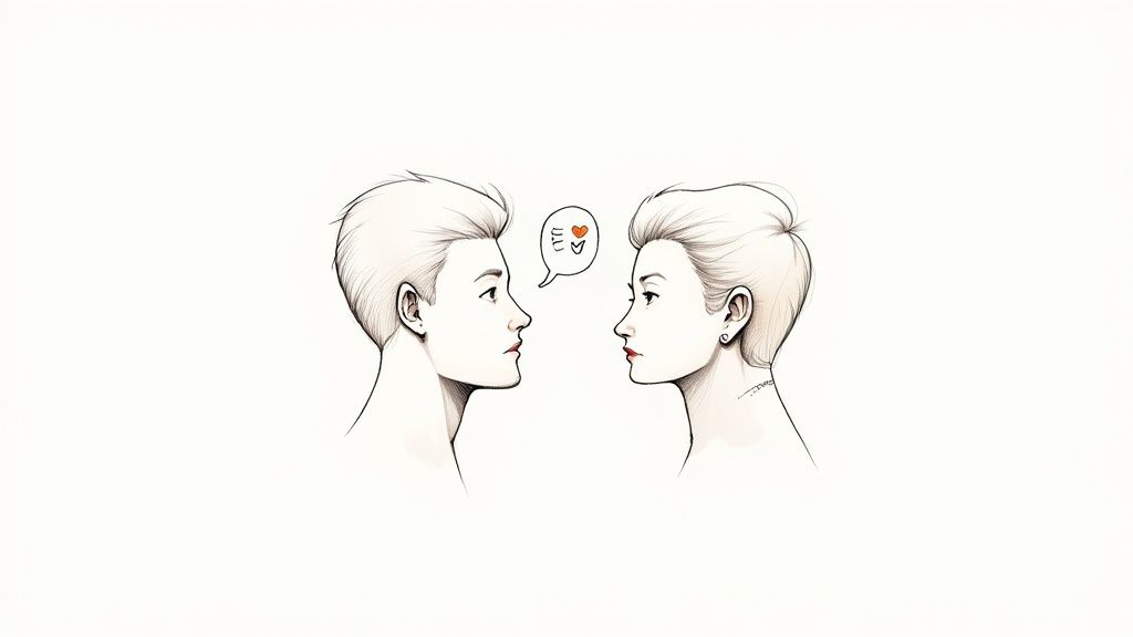 A line drawing of a man and a woman in profile facing each other, with a heart in a speech bubble.