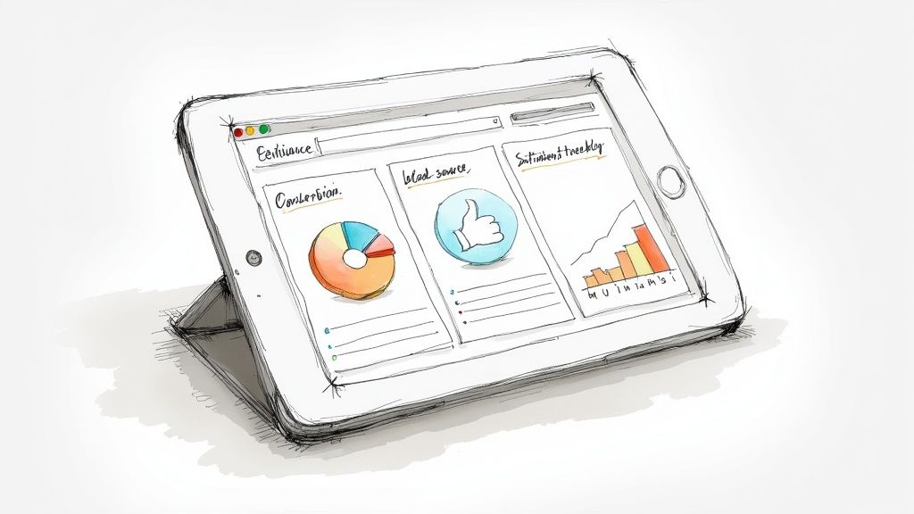 A hand-drawn sketch of a tablet displaying a business analytics dashboard with charts.