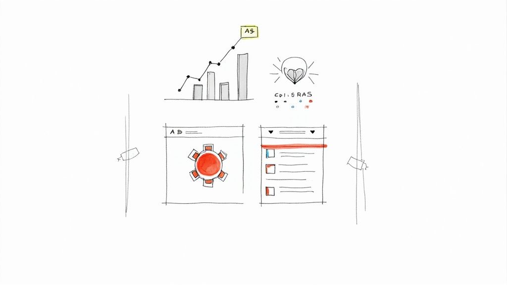 Business strategy illustration showing analytics charts, meeting table, task list, and marketing icons