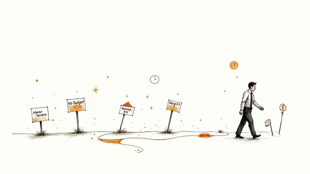 A sales team looking frustrated while working on their laptops at a long table.