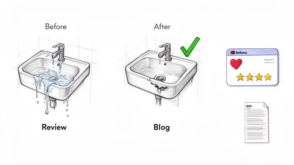 Illustration depicting a leaky sink 'before' and fixed sink 'after', with customer review stars and a blog post, showing successful plumbing service outcomes.