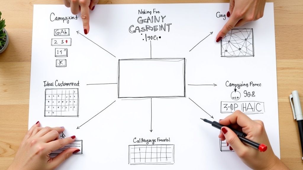 Team planning multi-channel advertising campaign strategy on whiteboard with various marketing channels illustrated