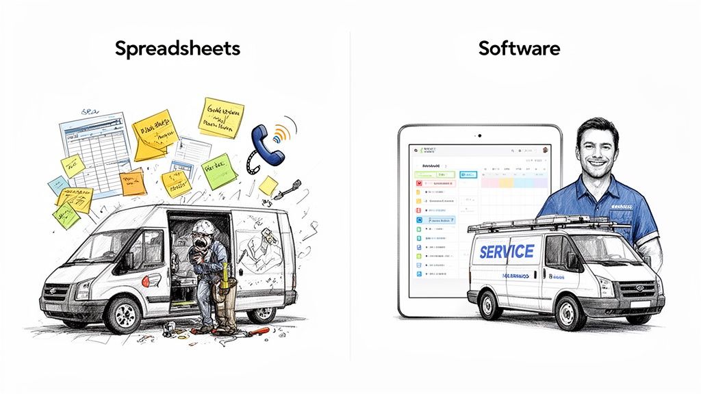Comparison of chaotic spreadsheet management versus streamlined software for service businesses.