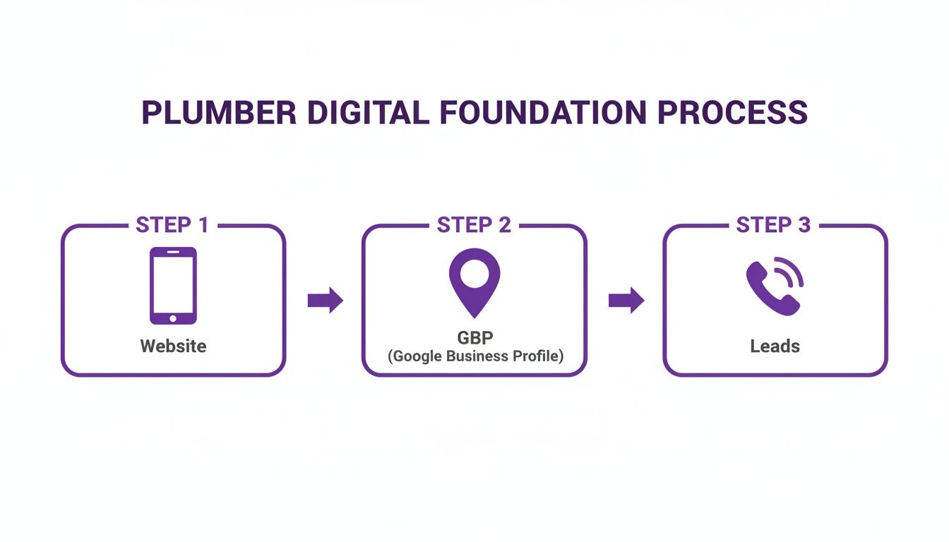 Diagram illustrating a plumber digital foundation process: Website leads to Google Business Profile, generating leads.