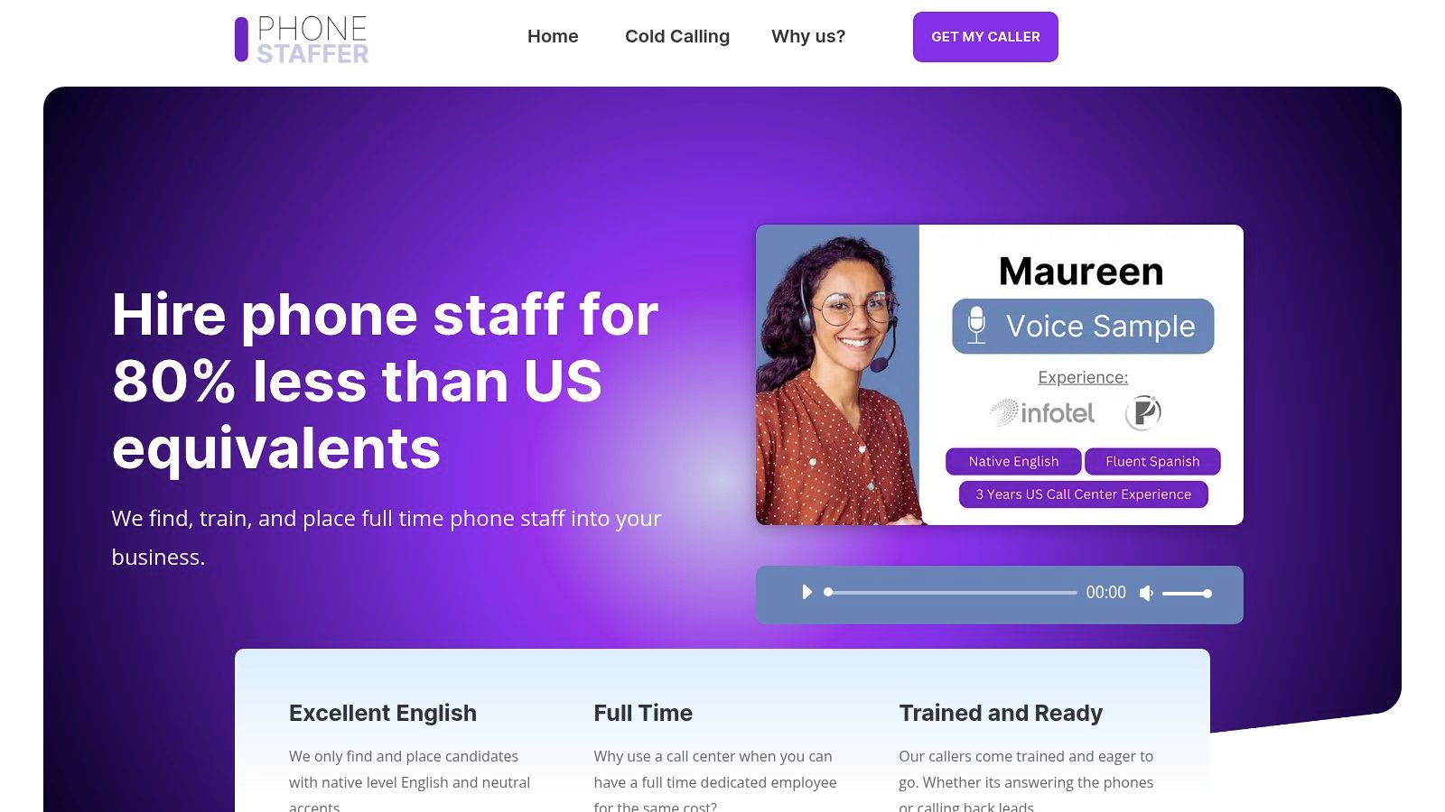 A professional woman with a headset, representing a remote CSR from Phone Staffer, working in a modern office environment.