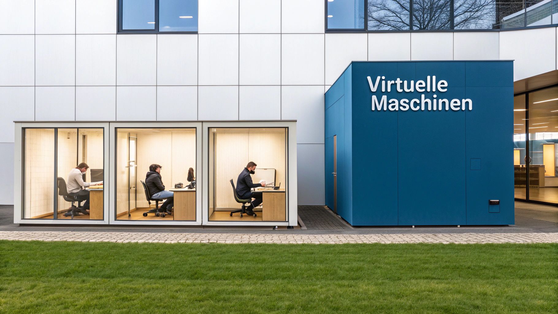 Drei Personen arbeiten in modernen gläsernen Bürokabinen vor einem Gebäude mit der Aufschrift 'Virtuelle Maschinen'.