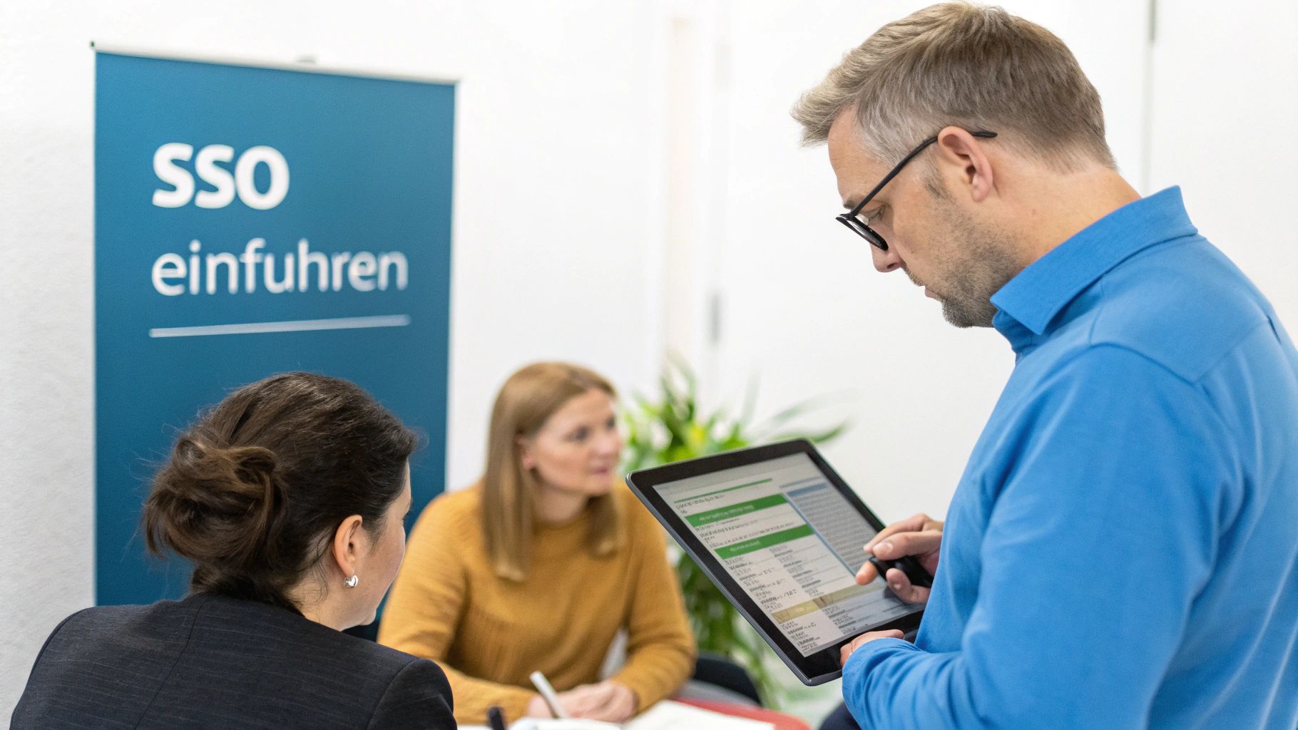 Ein Mann mit Brille bedient ein Tablet, während im Hintergrund zwei Frauen sitzen und ein "SSO einführen"-Banner steht.