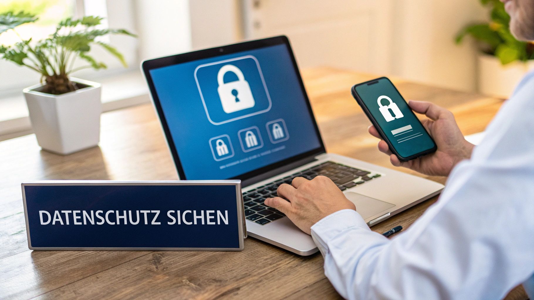 Eine Person sichert Daten an Laptop und Smartphone, die beide ein Schloss-Symbol zeigen, neben einem Schild mit der Aufschrift „DATENSCHUTZ SICHERN“.