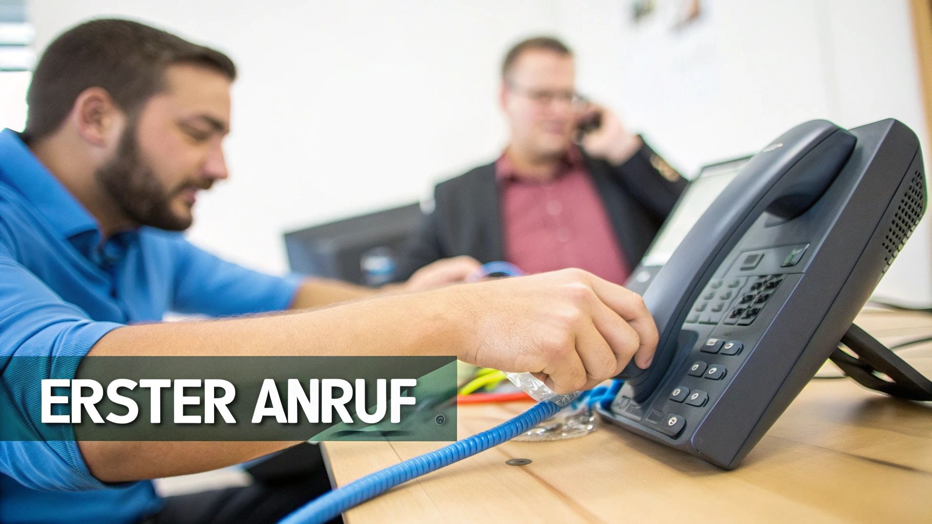 Mann im Büro nimmt Telefonhörer ab, bereit für den ersten Anruf, Kollege telefoniert im Hintergrund.