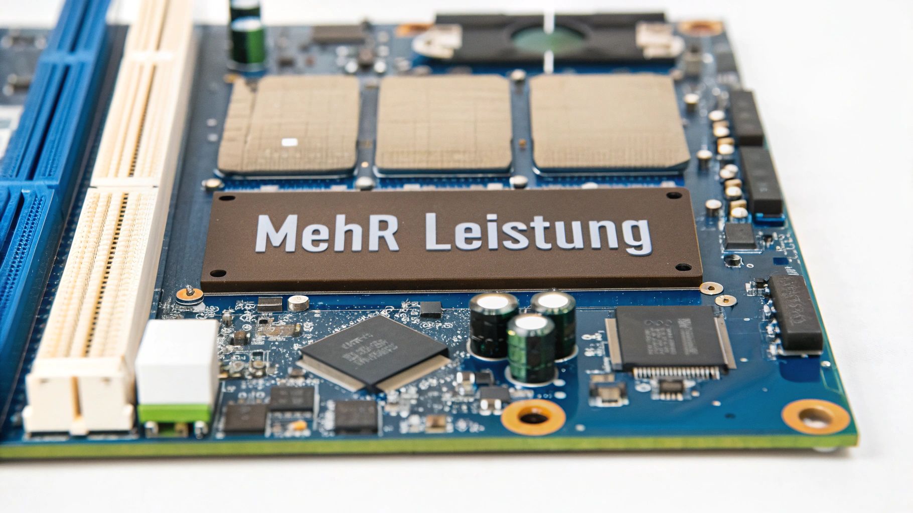 Computerhauptplatine mit drei Prozessoren und deutscher Aufschrift 'Mehr Leistung' auf blauem PCB