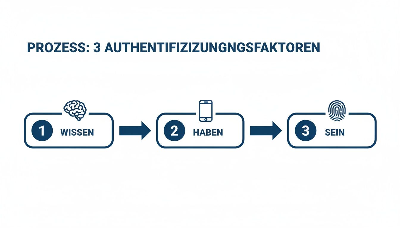 Prozess der 3 Authentifizierungsfaktoren: Wissen (Gehirn), Haben (Smartphone), Sein (Fingerabdruck).