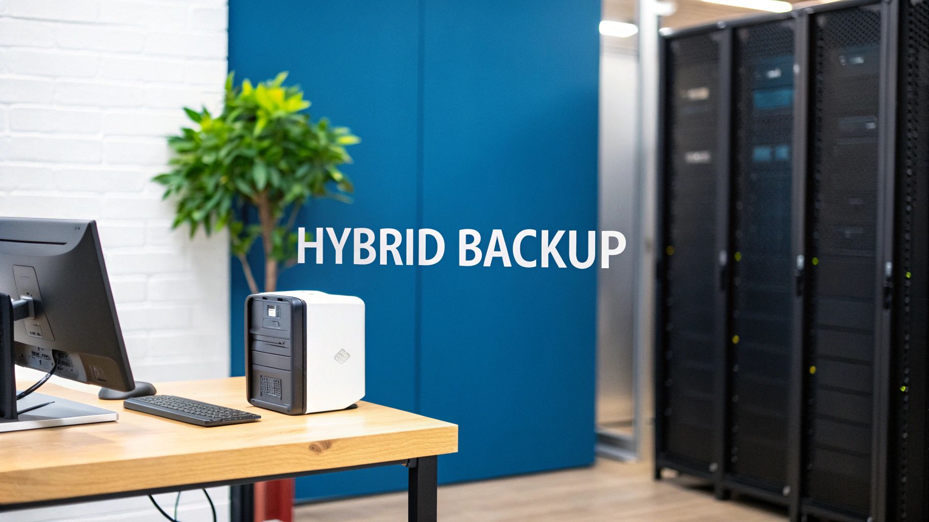 Eine Grafik, die eine lokale Festplatte mit einer Cloud verbindet und so die hybride Strategie symbolisiert.