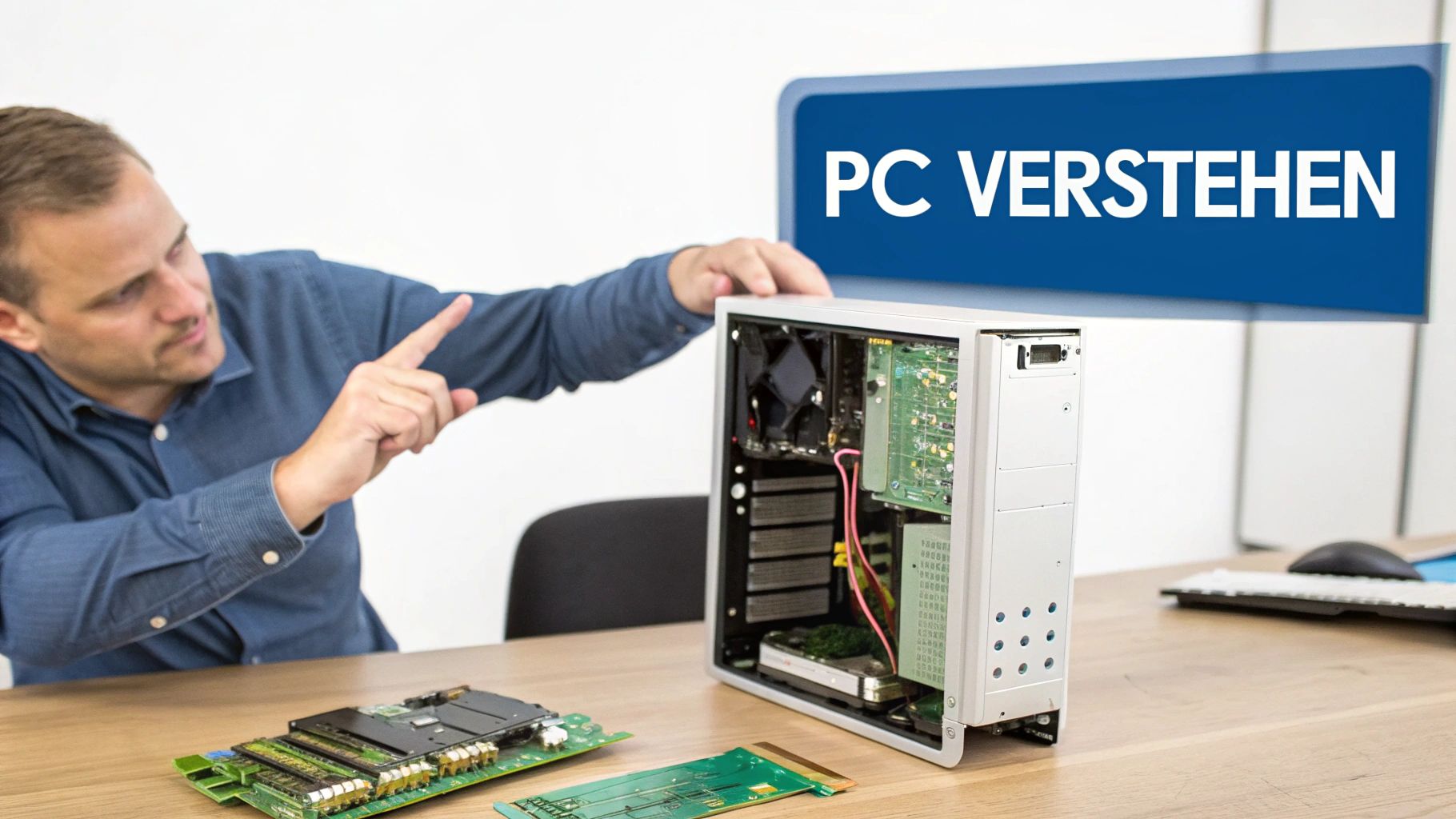 IT-Techniker erklärt PC-Komponenten und zeigt auf geöffnetes Computergehäuse mit sichtbarer Hardware