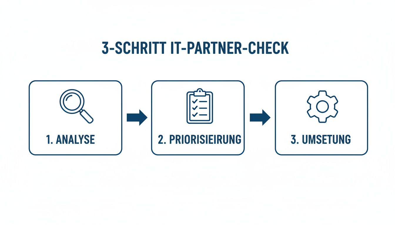 Visualisierung des 3-Schritt IT-Partner-Checks: Analyse, Priorisierung und Umsetzung der IT-Lösungen.