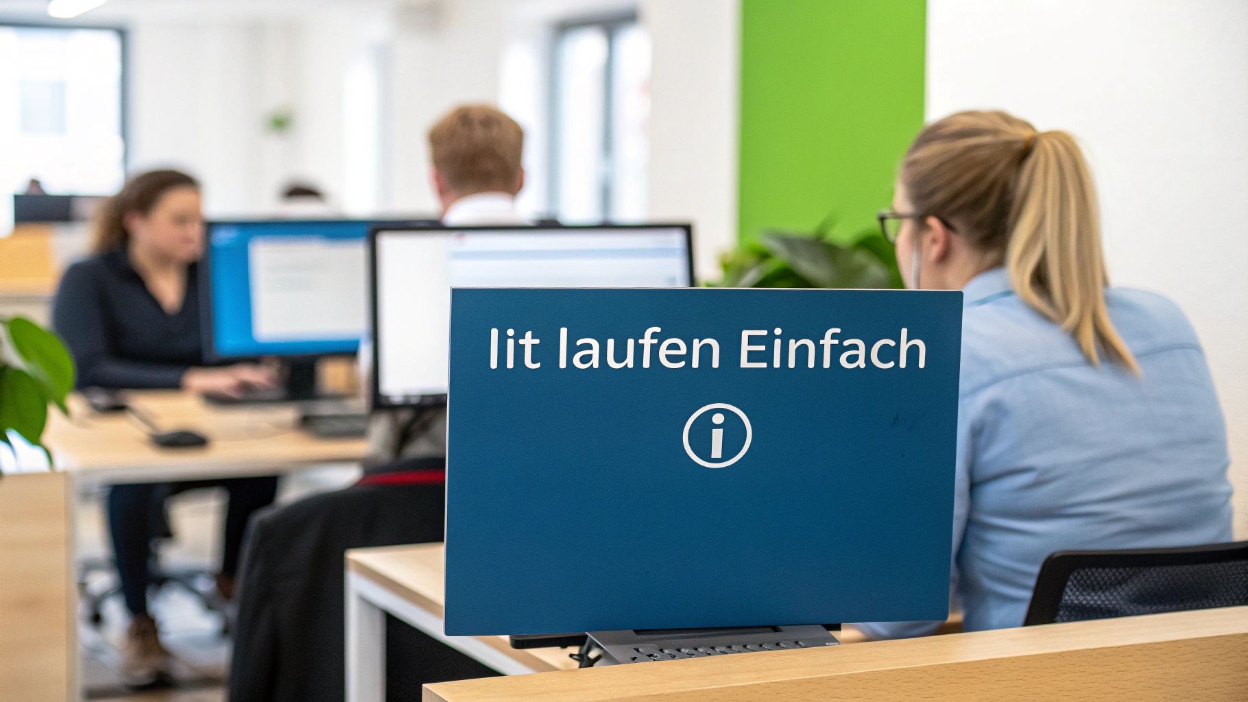 Mitarbeiter arbeiten in einem modernen Büro; ein blaues Schild sagt 'lit laufen Einfach'.