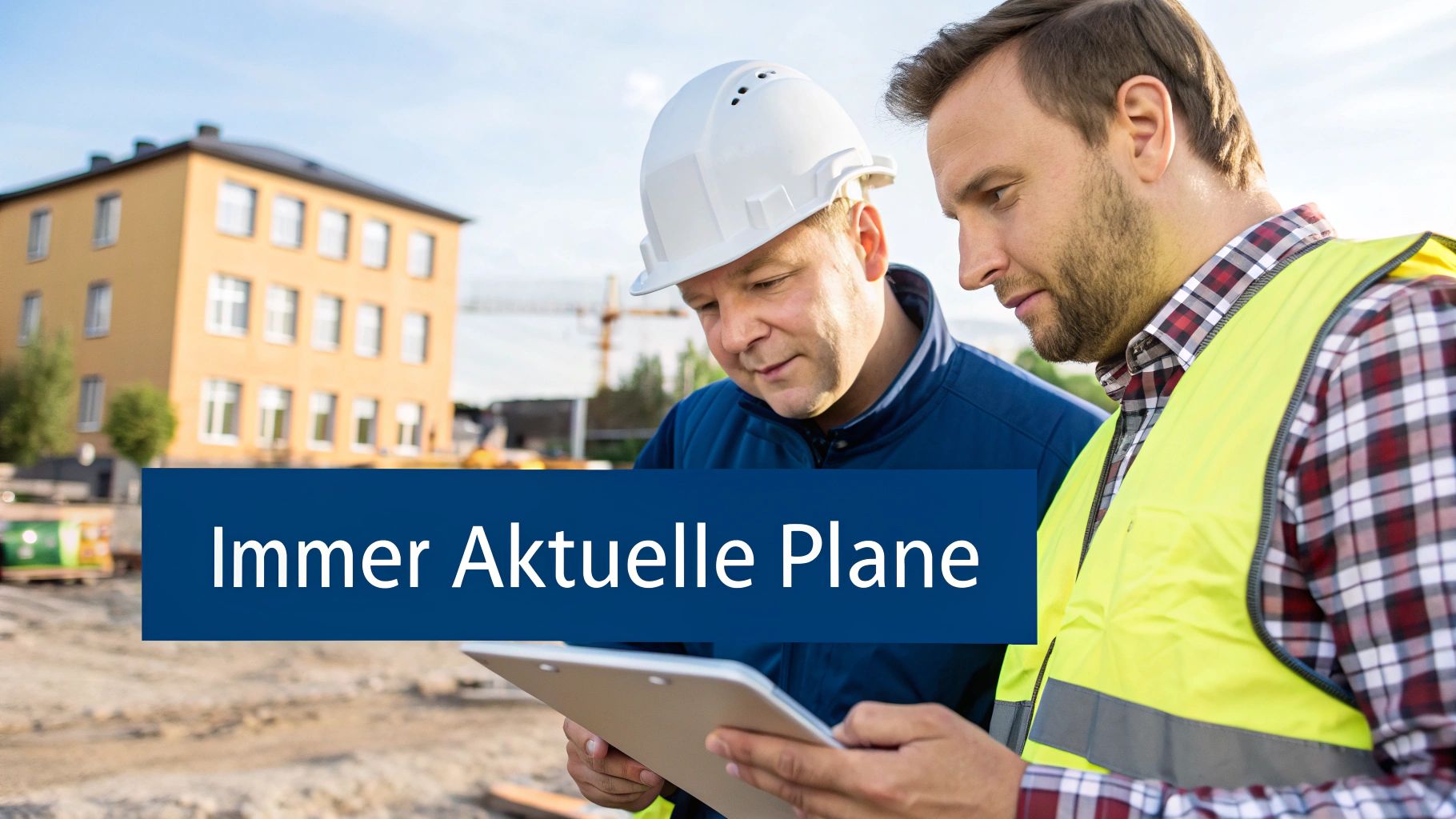 Zwei Bauarbeiter oder Ingenieure auf einer Baustelle überprüfen Pläne auf einem Klemmbrett. Zusammenarbeit im Bauwesen.