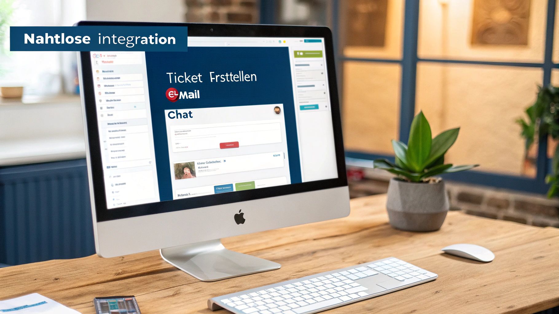 Ein iMac auf einem Holztisch zeigt eine Ticketerstellungs- und Chat-Oberfläche, mit 'Nahtlose Integration' im Banner.