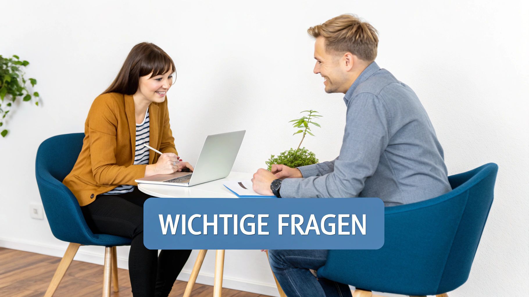 Zwei lächelnde Personen, eine Frau am Laptop und ein Mann im Gespräch, sitzen an einem Tisch. Überlagerter Text: WICHTIGE FRAGEN.