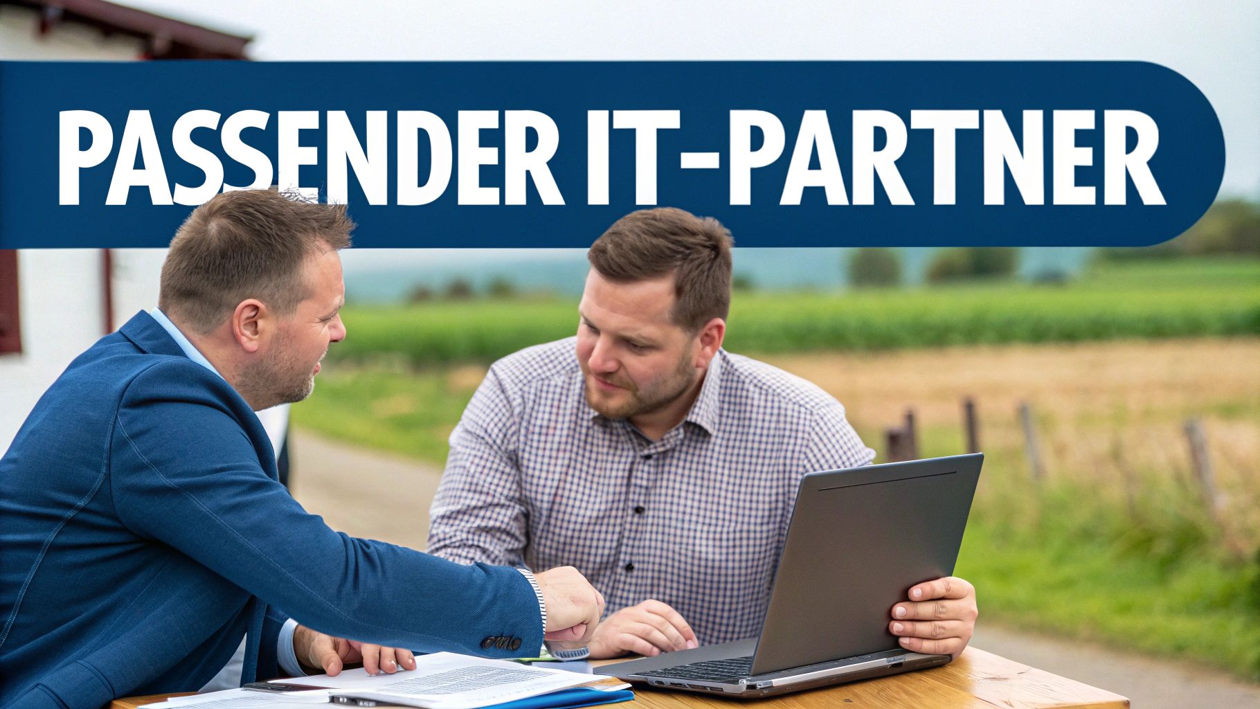Zwei Männer sprechen über IT-Dienstleistungen an einem Tisch mit Laptop, überschrieben mit 'Passender IT-Partner'.