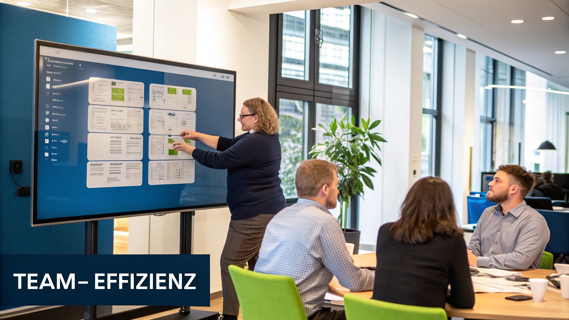 Ein Team arbeitet an einem Konferenztisch zusammen, im Hintergrund sind Server-Racks zu sehen