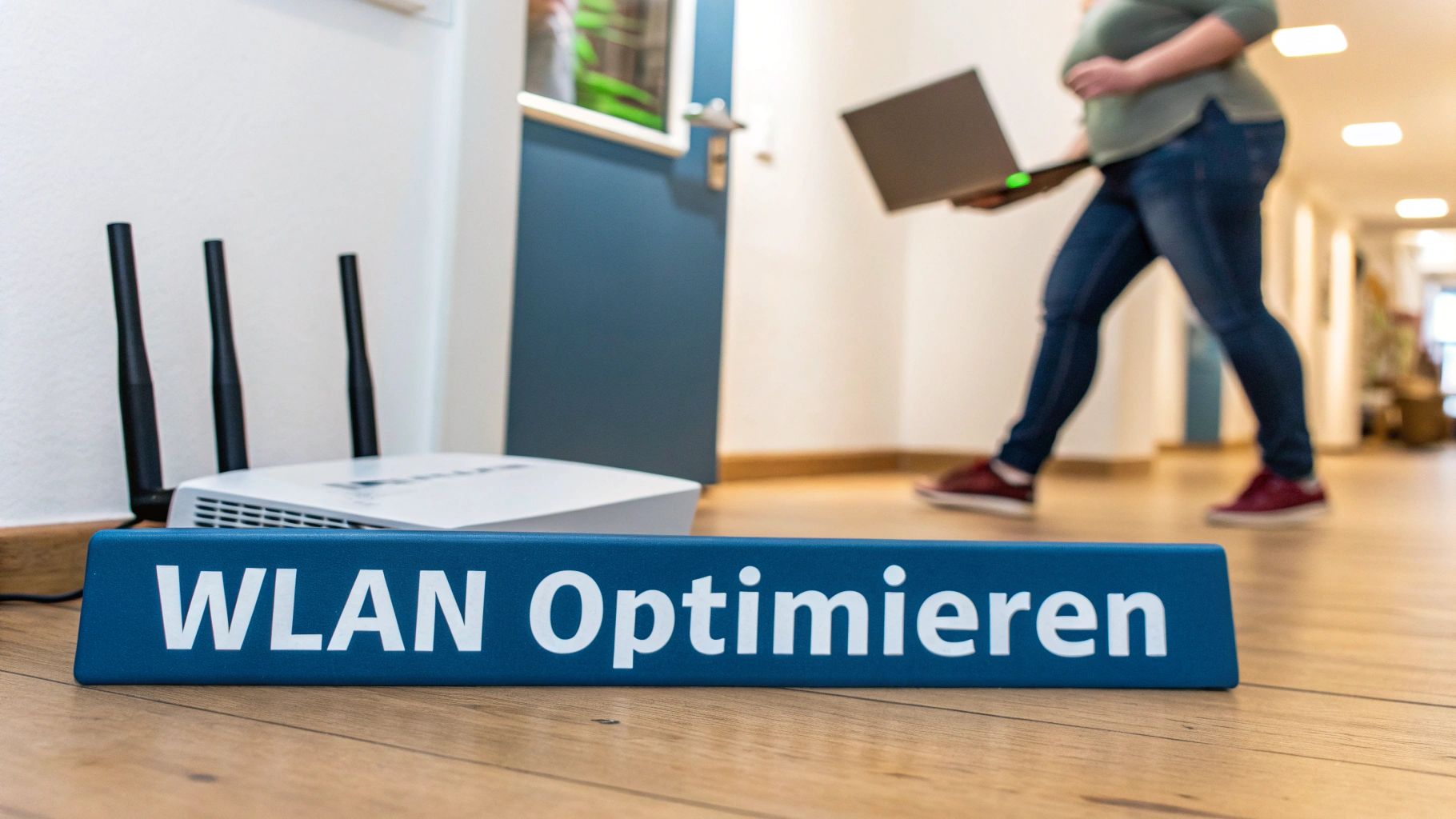 Eine Person justiert die Antennen eines WLAN-Routers, der auf einem Regal steht.