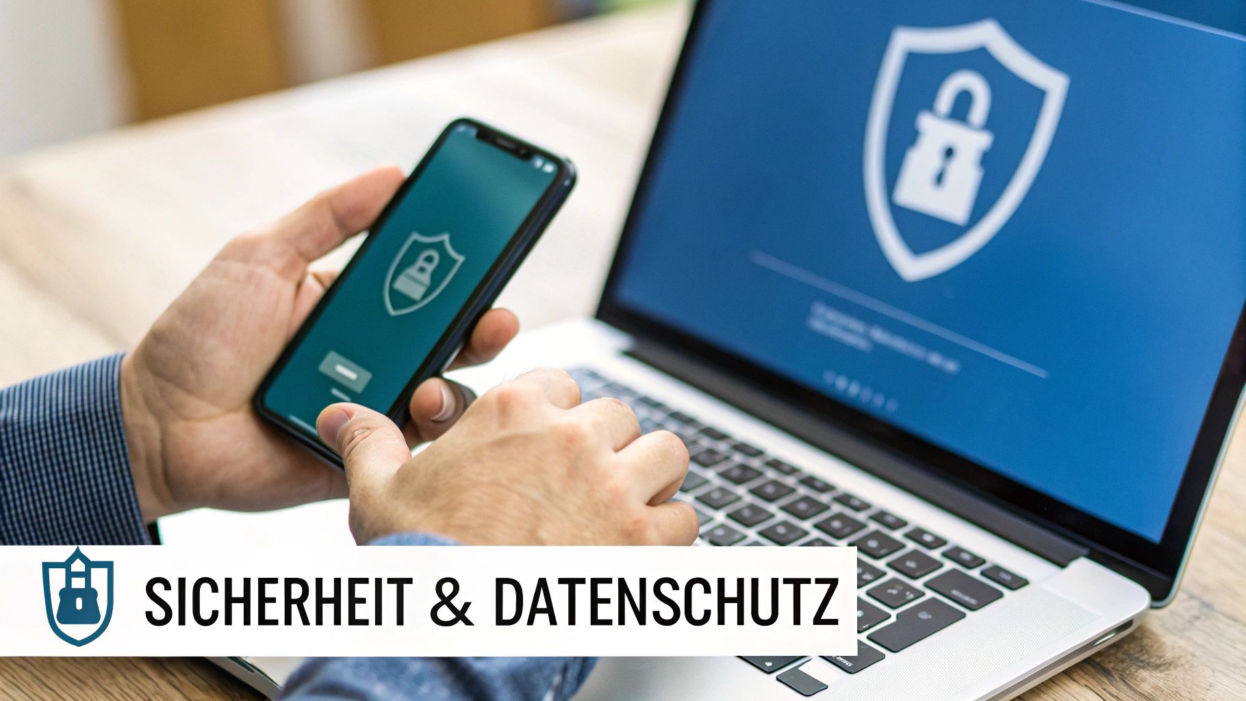 Eine Person hält ein Smartphone mit einem Sicherheitssymbol und tippt auf einem Laptop, der ebenfalls ein Sicherheitsschloss zeigt. Thema: Sicherheit und Datenschutz.