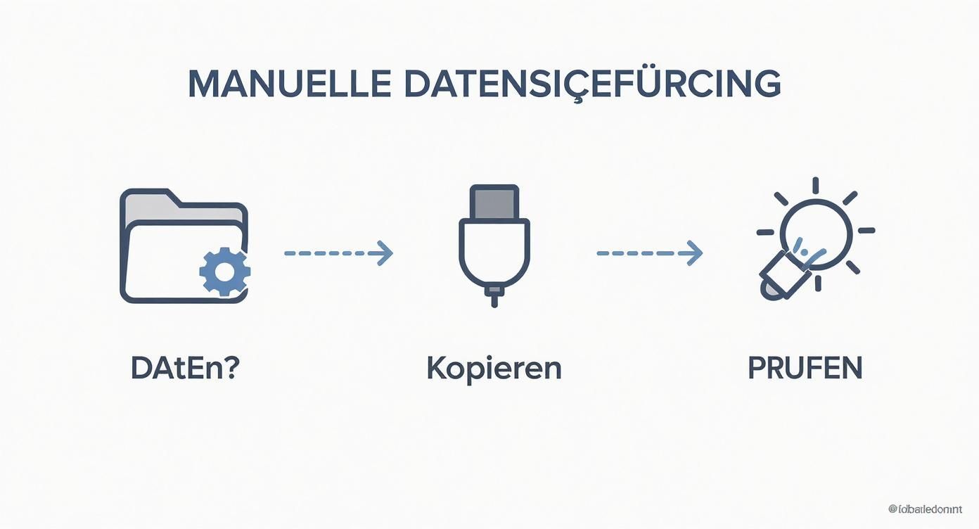 Ein Entscheidungsbaum visualisiert die Schritte der manuellen Datensicherung: Daten ordnen, auf den USB-Stick kopieren und anschließend prüfen.