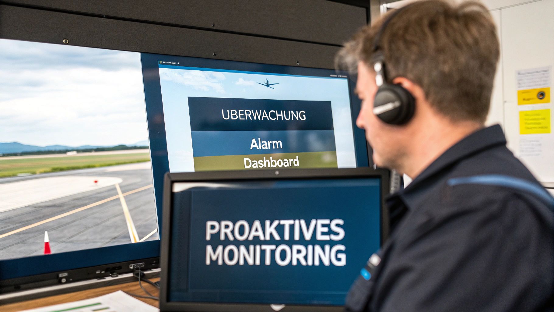 Techniker überwacht Bildschirme in einem Flughafen-Kontrollraum, zeigt Überwachungs-, Alarm- und proaktive Monitoring-Funktionen.