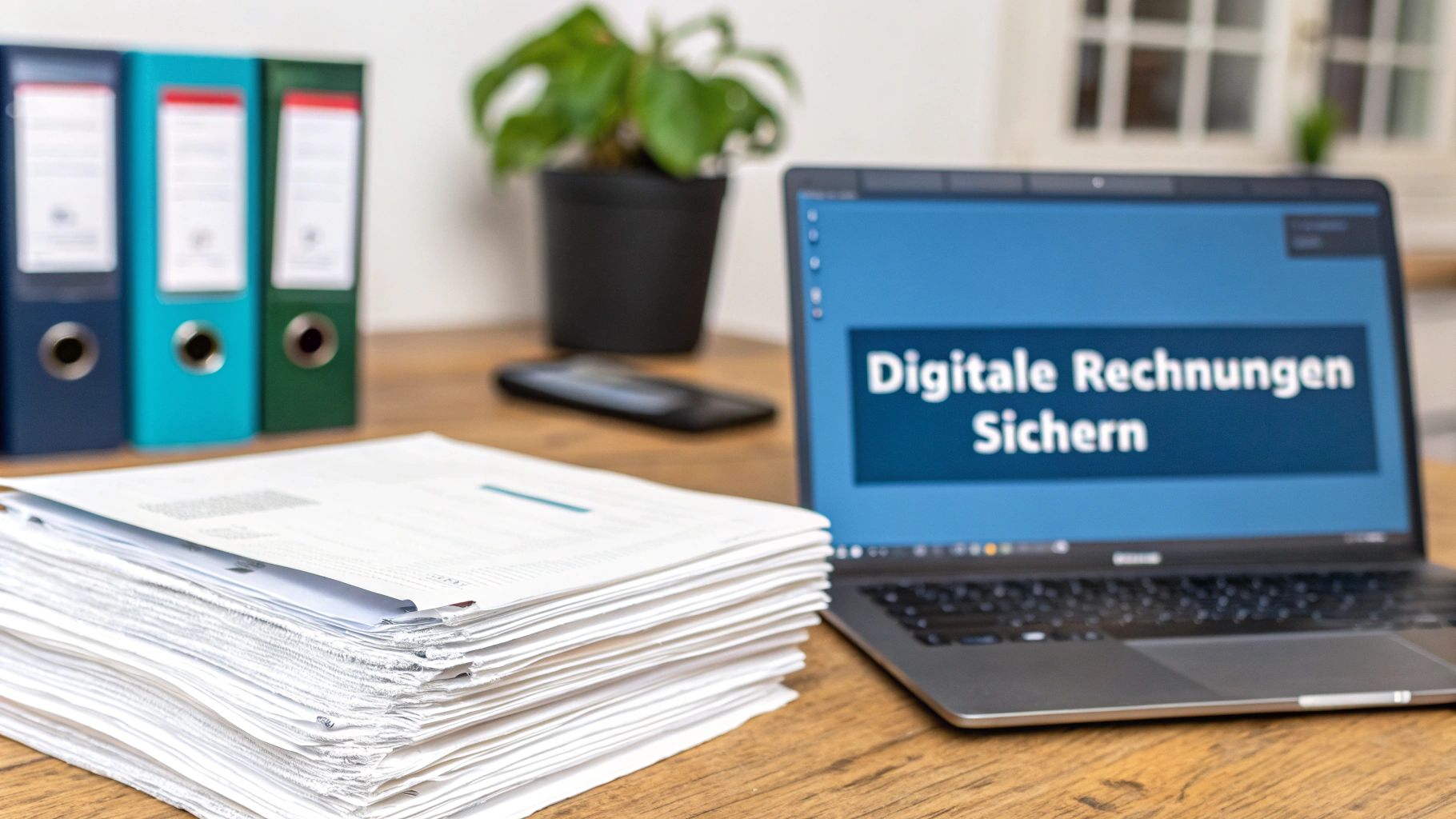 Schreibtisch mit Papierstapel, Ordnern und Laptop, der „Digitale Rechnungen Sichern“ anzeigt.