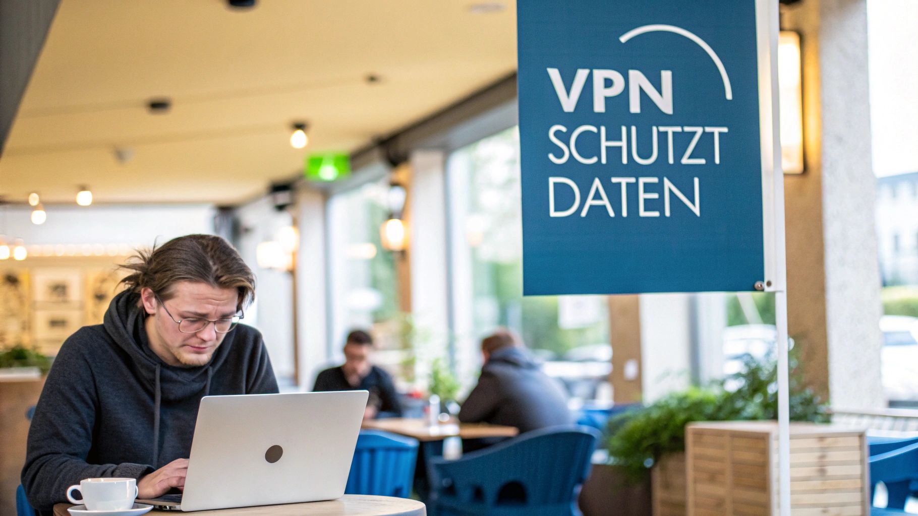 In einem Café sitzt ein Mann konzentriert vor seinem Laptop, während ein Schild an VPN-Datenschutz erinnert.