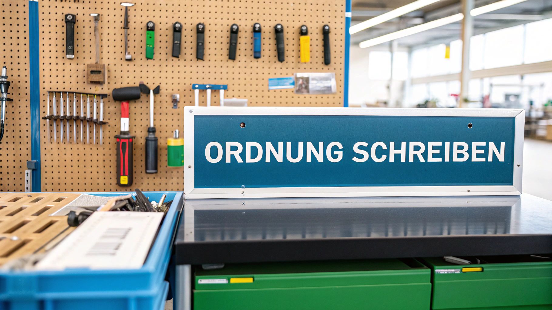 Eine Infografik, die die fünf Schritte der 5S-Methode – Sortieren, Systematisieren, Säubern, Standardisieren und Selbstdisziplin – in einem kreisförmigen Flussdiagramm darstellt.