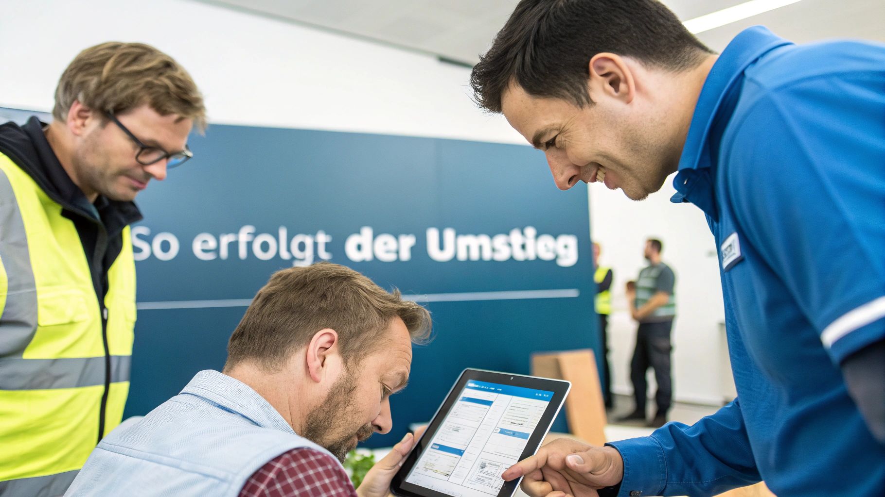 Drei Männer besprechen Details auf einem Tablet, einer in Arbeitskleidung, ein anderer zeigt auf den Bildschirm.