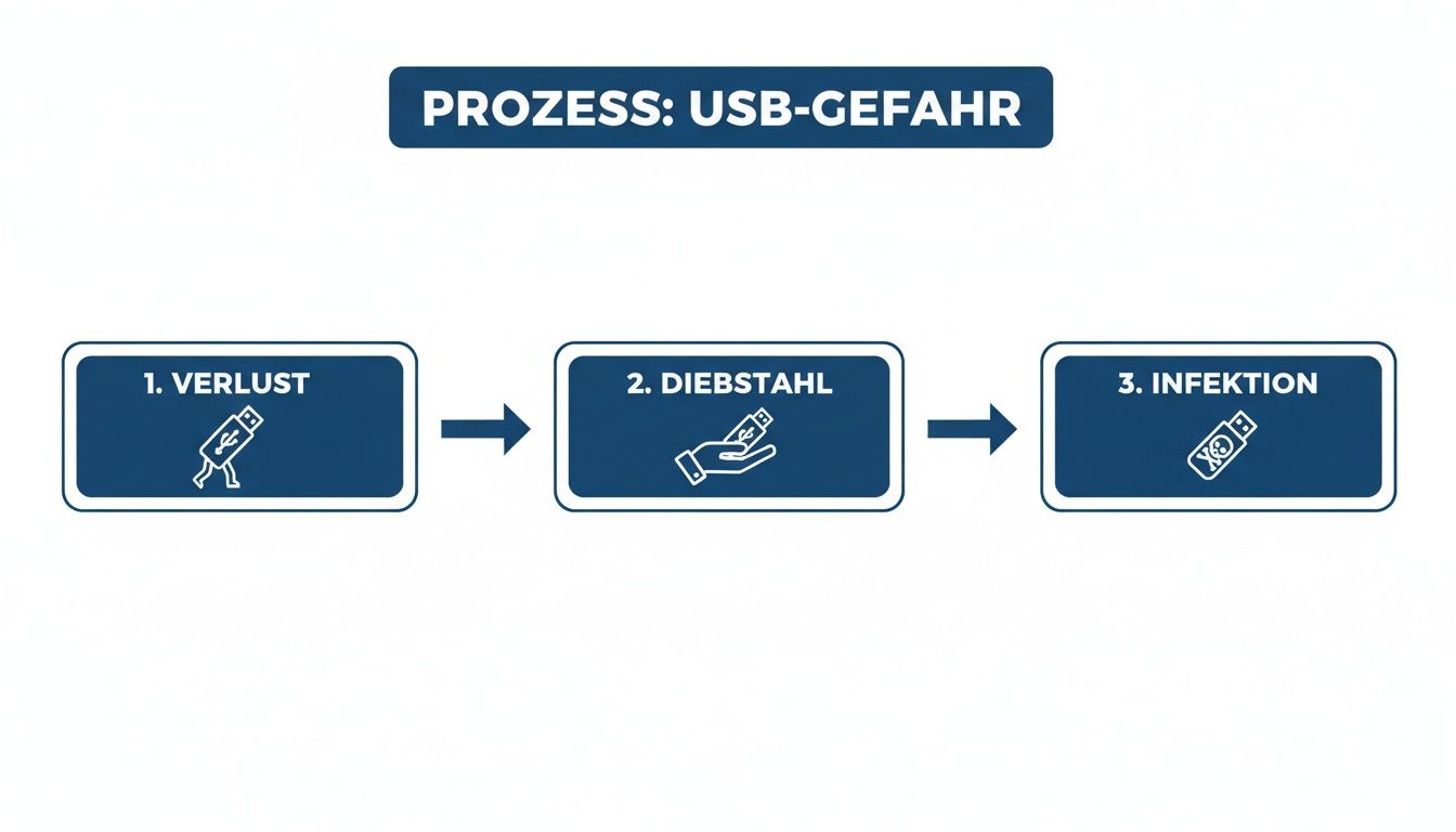 Prozessdiagramm zeigt die Phasen der USB-Gefahr: Verlust, Diebstahl und Infektion eines USB-Sticks.