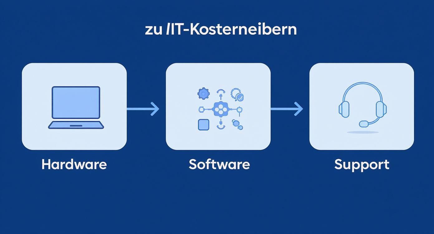 Das Bild zeigt die drei IT-Kostenbereiche Hardware, Software und Support als Flussdiagramm.