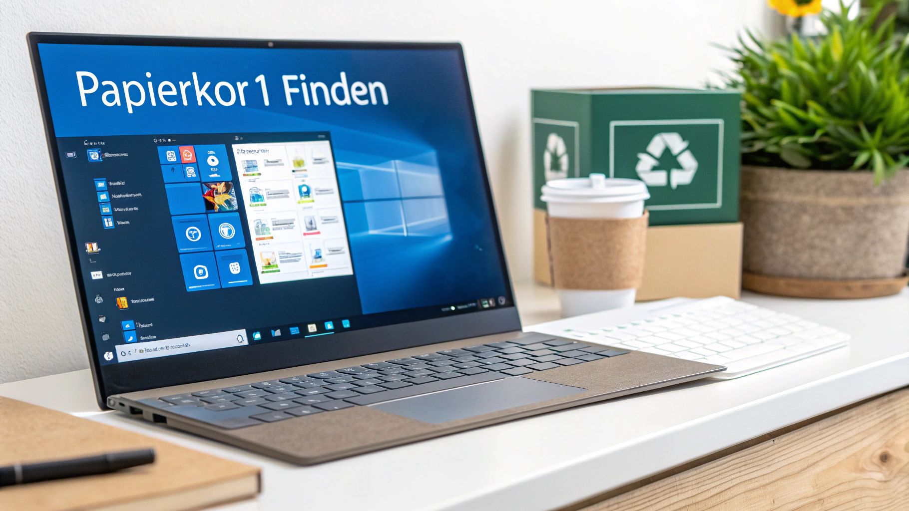 Windows 11 Laptop zeigt Startmenü mit Papierkorb suchen auf dem Bildschirm im Büro