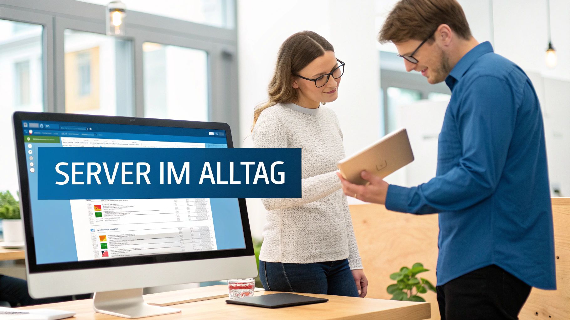 Zwei Personen betrachten gemeinsam ein Tablet, während ein Computerbildschirm „SERVER IM ALLTAG“ anzeigt.