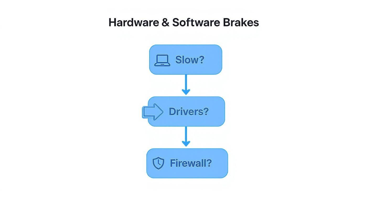 Eine Infografik in Form eines Entscheidungsbaums, die hilft, die Ursache für langsames Internet bei Hardware und Software zu finden.
