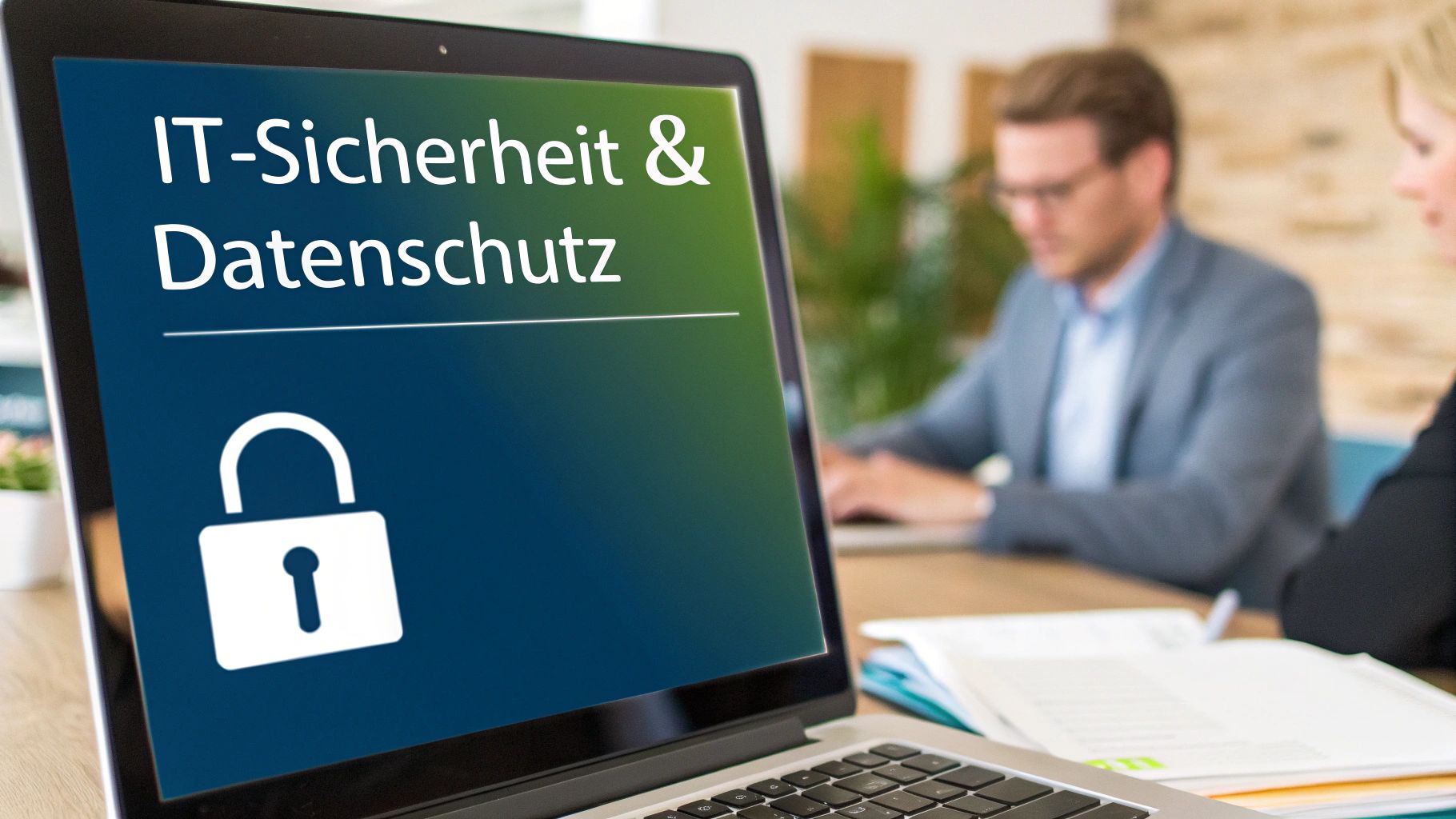 Laptop zeigt 'IT-Sicherheit & Datenschutz' mit Schloss-Symbol, während zwei Personen im Büro arbeiten.