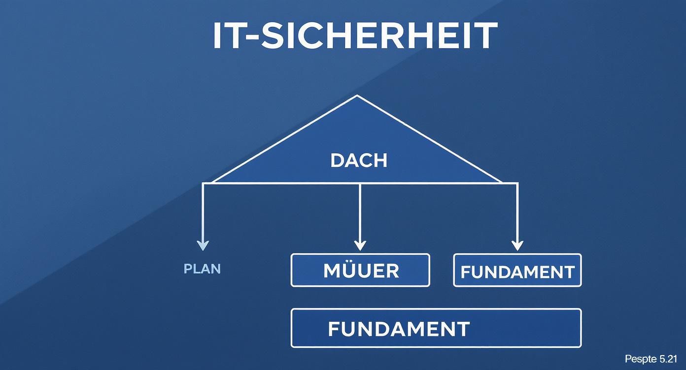 Diagramm zur IT-Sicherheit, das Schutzschichten wie Dach, Plan, Mauern und Fundament darstellt.