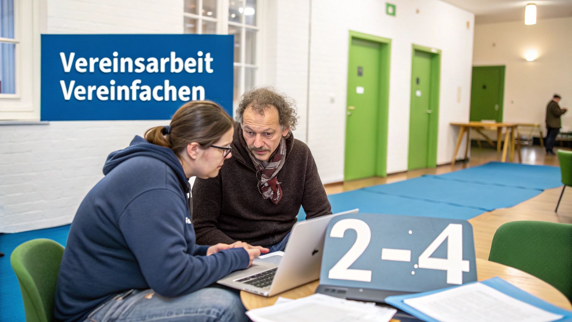 Zwei Personen arbeiten an einem Laptop, um Vereinsarbeit zu vereinfachen, mit Schild im Hintergrund.