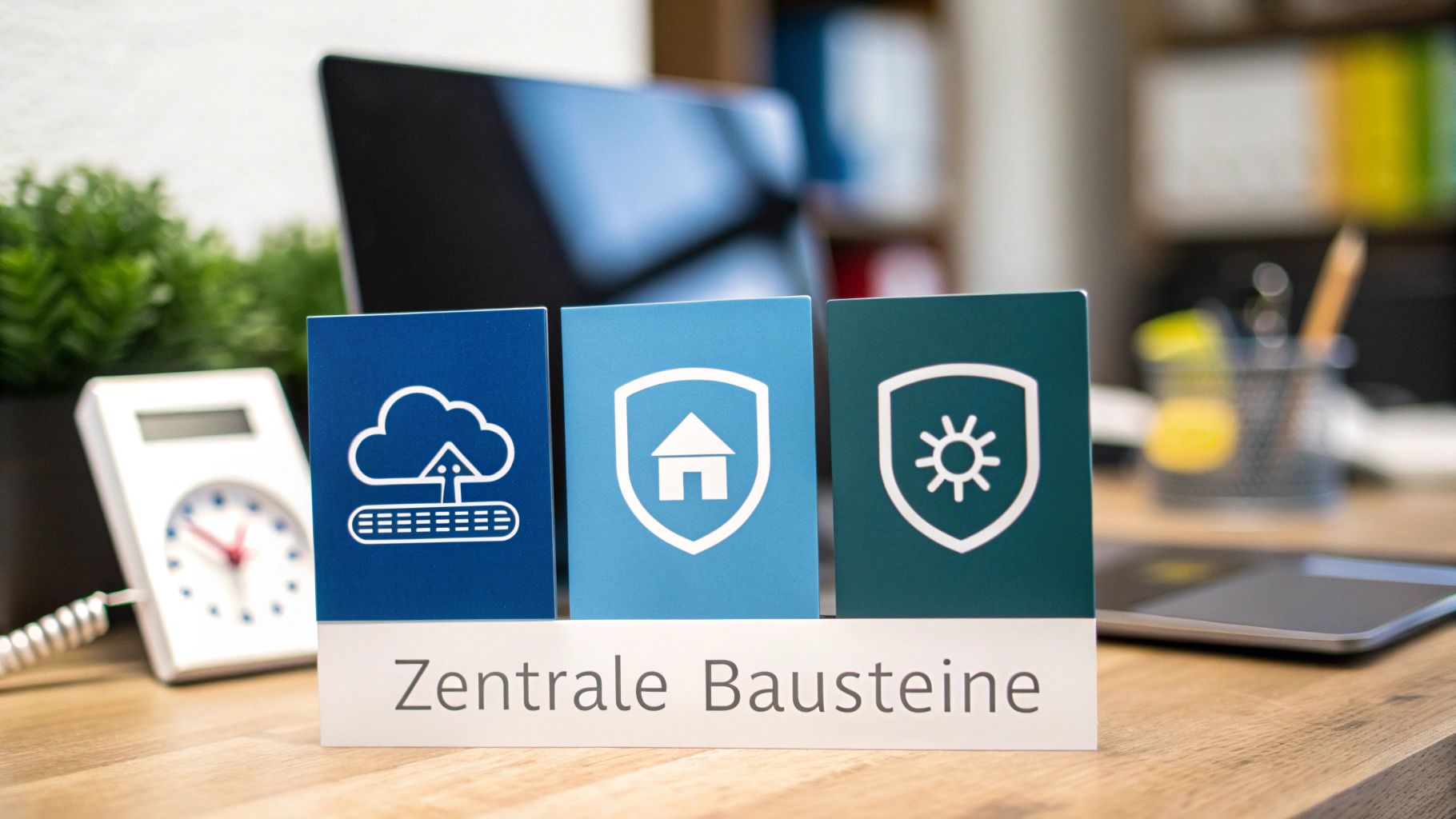 Drei Karten mit Symbolen für Cloud, Zuhause und Sicherheit, darunter der Text 'Zentrale Bausteine'.