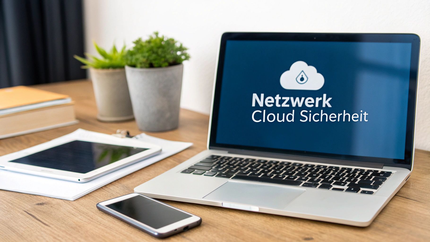 Laptop mit blauer Anzeige "Netzwerk Cloud Sicherheit" auf einem modernen Schreibtisch mit weiteren Geräten.