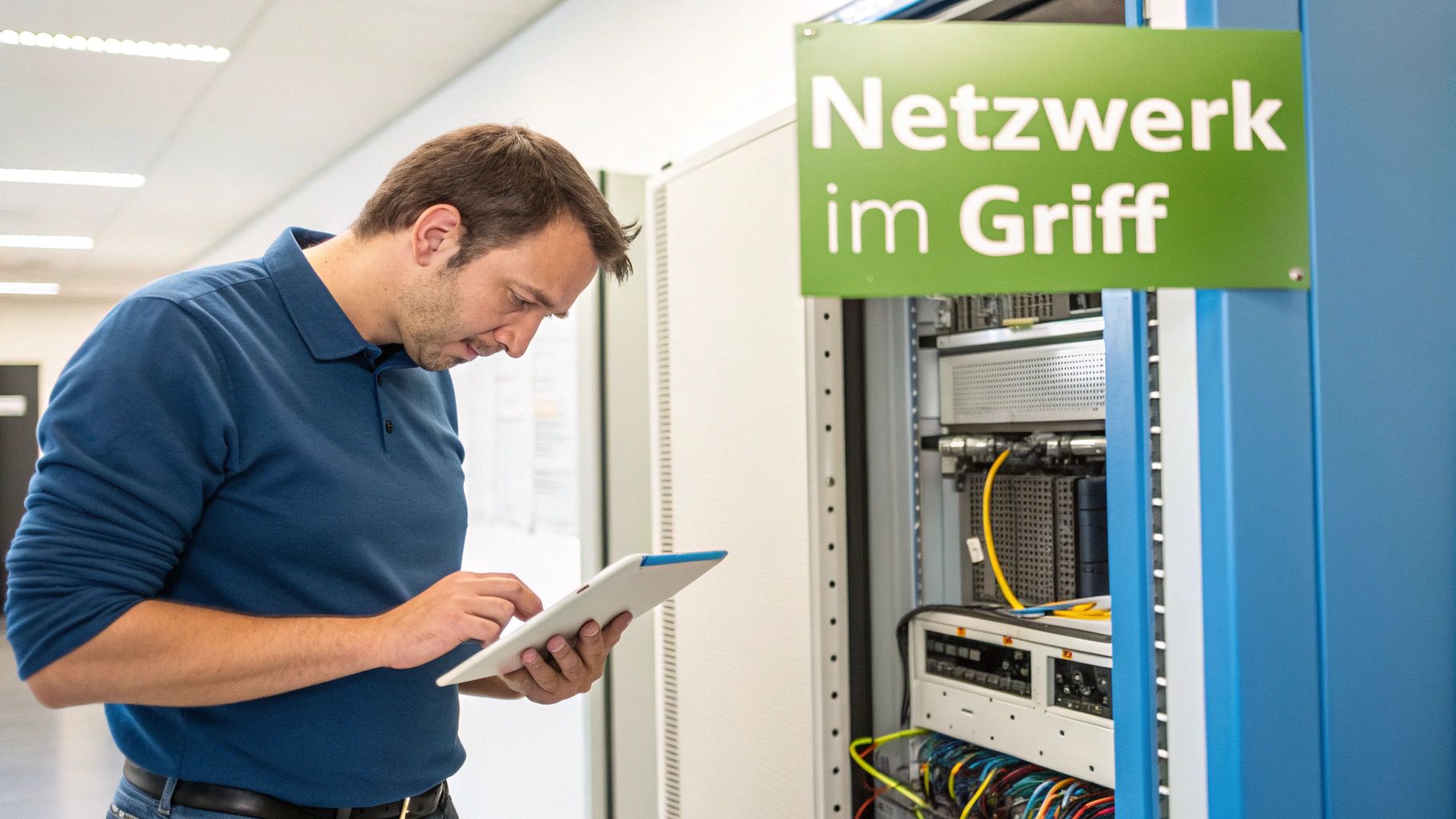 Ein Mann in blauem Poloshirt prüft Netzwerkgeräte in einem Serverraum mit einem Tablet.